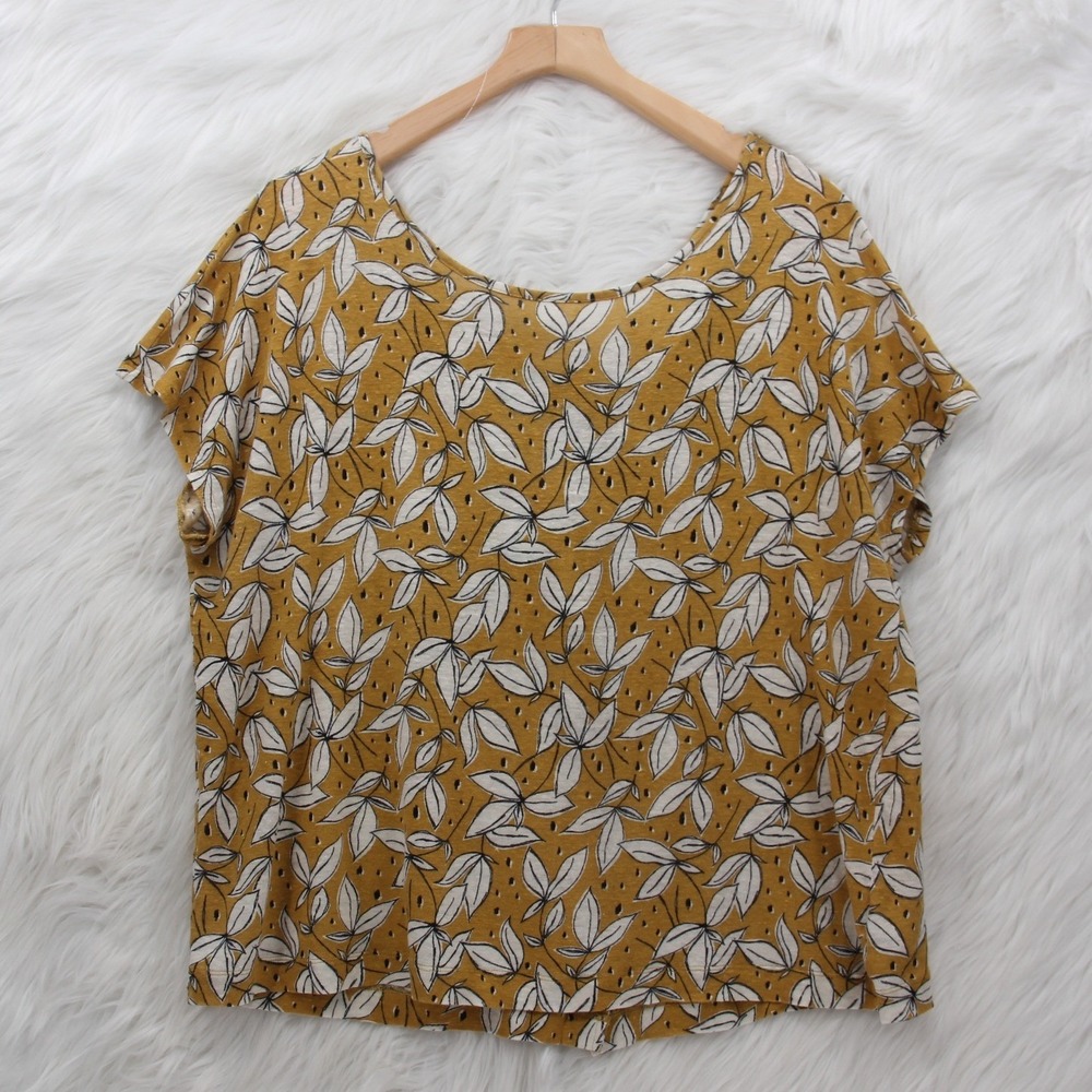 Rachel Zoe 100% Linen Scoop Neck Button Back Boxy Top XL Short Sleeve Leaf Print
